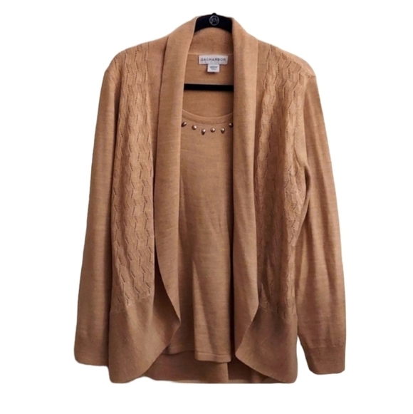 Sag Harbor Sweaters - SAG HARBOR Open Cardigan Tan Knit Sweater with Attached Beaded Tank Top sz M
